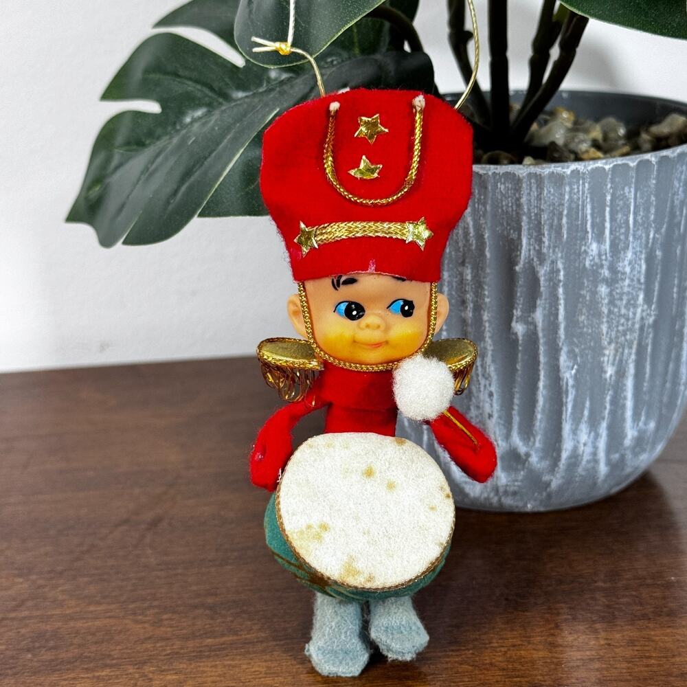 Vintage Felt Drummer Pixie Elf Toy Soldier Christmas Ornament Japan 4.5" Red MCM